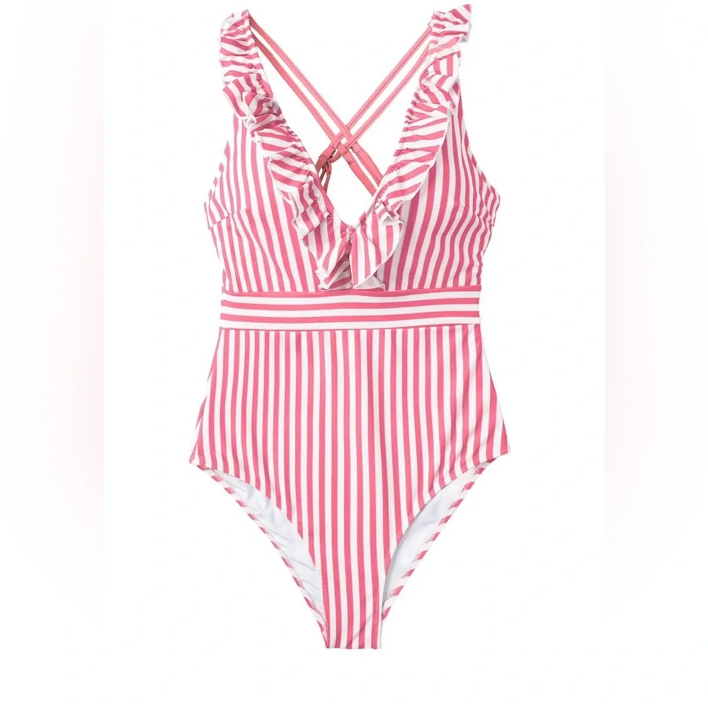 NEW Cupshe V-Neck- Ruffled-One Piece-Striped- Criss Cross Back-Swimsuit-Medium - Picture 2 of 10